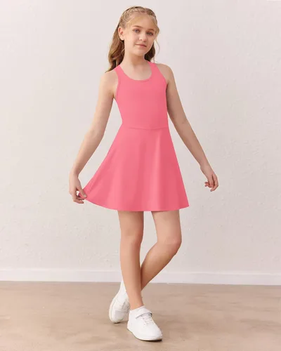 Miniatura 3 de Haloumoning Vestido de tenis sin mangas para niñas, vestido de golf con espalda cruzada para niños, vestido deportivo escolar con bolsillos cortos
