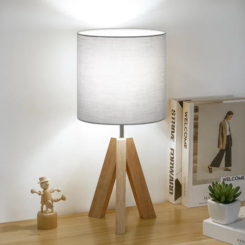 Miniatura 8 de Lámpara de mesa pequeña de madera, lámpara de mesa de trípode de madera con pantalla de tela blanca, linda lámpara de mesa boho minimalista