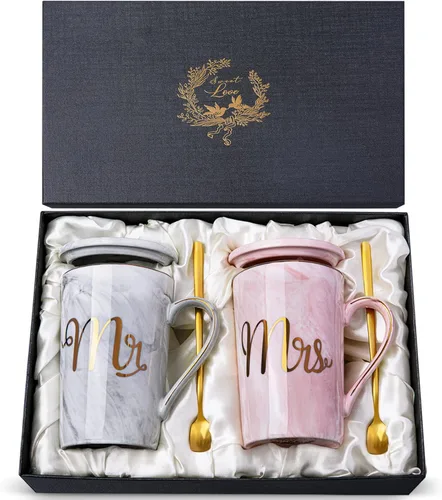 Miniatura 8 de Biching 50 aniversario de boda para parejas, tazas doradas del 50 aniversario para padres, abuelos, tazas de 14 onzas con cucharas, tapas, tarjeta
