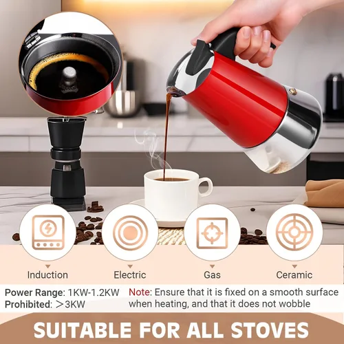 Miniatura 5 de Olla de moka de 6 tazas (300 g) para espresso en cocina, olla de acero inoxidable 304, compatible con inducción, roja Rojo