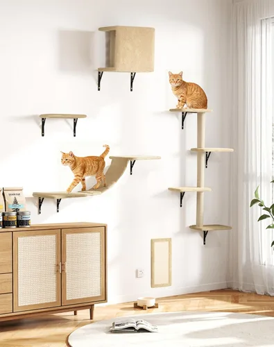 COZIWOW Muebles para gatos montados en la pared, estantes y perchas de pared para gatos, estantes flotantes para gatos para pared, juego de 5 (beige)