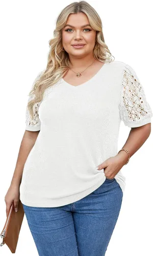 Miniatura 4 de OLRIK Plus Size Tops for Women Summer Blouse Waffle Knit Short Lace Sleeve Shirts