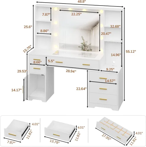 Miniatura 6 de Hasuit Juego de tocador grande de 48.8'' con espejo iluminado y toma de corriente, mesa de maquillaje blanca con 6 cajones, 4 estantes y 1 gabinete