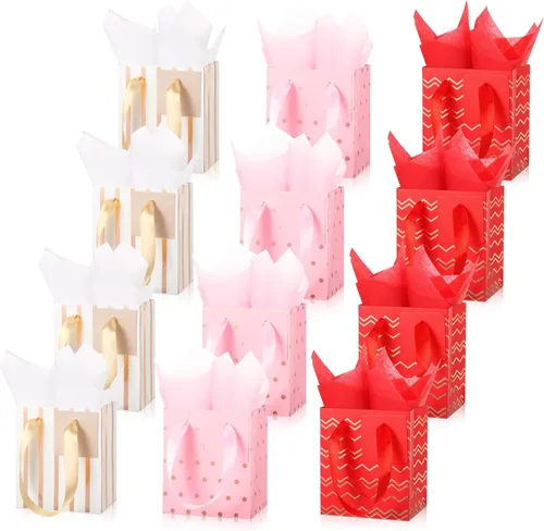 Tenare 12 bolsas de regalo pequeñas, mini bolsa de papel metálica a granel con asa de papel de seda para envoltura de regalo, día del padre, blanco.