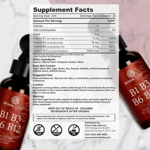 Miniatura 2 de Prime Code Gotas líquidas de vitamina B1 con vitamina B3 B6 y B12 Suplemento líquido del complejo B Suplemento de tiamina para adultos Alta