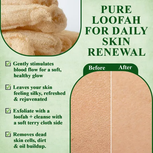 Miniatura 5 de Exfoliante corporal natural de lufa (paquete de 2) – Hecho de lufa egipcia, esponja de baño suave para hombres y mujeres – Almohadilla suave