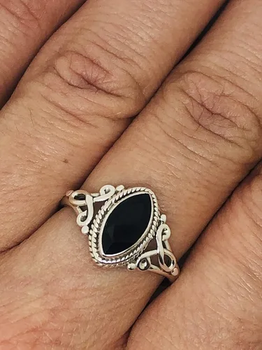 Miniatura 6 de Cut Marquise Black Onyx Ethnic Delicate Ring 925 Sterling Silver Vintage Tribal Gipsy Boho Look
