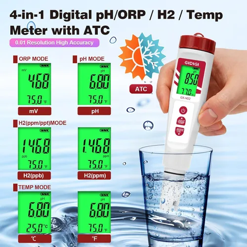Miniatura 2 de Probador de agua de hidrógeno, medidor de ORP GIDIGI - Medidor digital de pH para probar agua potable, detector electrónico de temperatura de pH PPM
