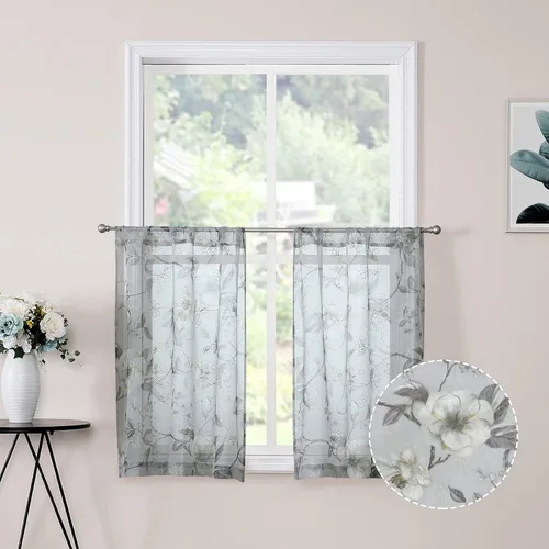 Miniatura 12 de Tollpiz Cortina Corta Transparente de Nivel Beige con Estampado de Hojas y Flores, Bordado Floral, Cortinas de Media Ventana Transparentes