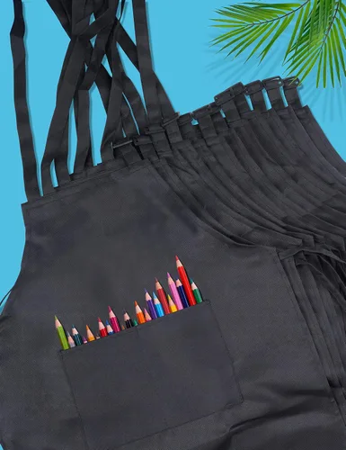 Miniatura 7 de Juego de 12 delantales para niños a granel con 2 bolsillos, delantal de chef de arte ajustable para niños, delantales de pintura para niños
