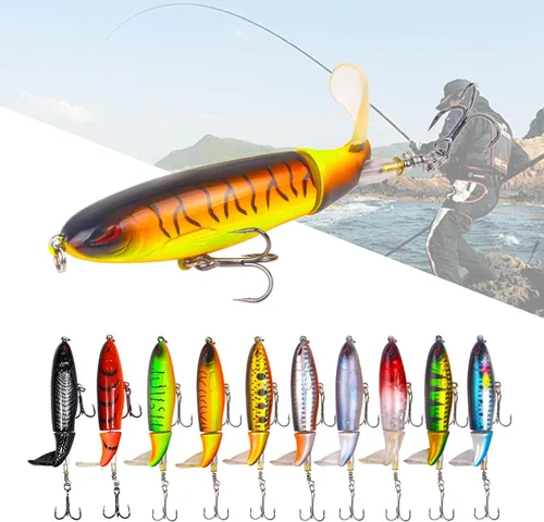 Miniatura 4 de 10Pcs Whopper Señuelo de pesca para lubina señuelos de popper de agua superficial con cola flotante giratoria, anzuelos de triple barba en kit