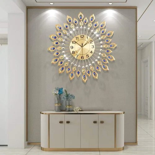 Miniatura 2 de Reloj de pared grande y moderno para decoración de sala de estar, reloj de pared de cristal decorativo de 24 pulgadas estilo pavo real, operado