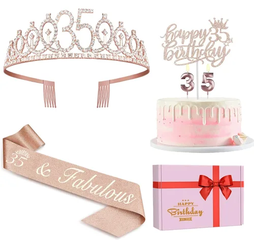 Miniatura 45 de Decoraciones de cumpleaños de 24 años para mujeres, incluyendo banda de cumpleaños, tiara/corona, velas numéricas y decoración de pastel, regalos