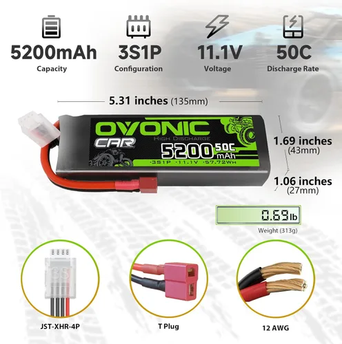 Miniatura 2 de OVONIC Lipo Batería 5200mAh 50C 11.1V 3S RC Batería con Dean-Style T y XT60 conector para RC Plane DJI Quadcopter RC Avión RC Helicóptero RC Coche