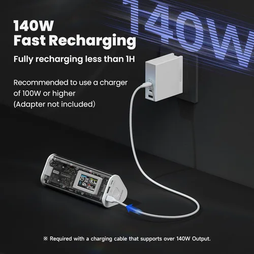 Miniatura 6 de SHARGEEK 170 Power Bank, Cargador Portátil de Alta Capacidad Total de 170 W y 24,000 mAh con Pantalla Inteligente, Paquete de Batería IP66 de 140 W
