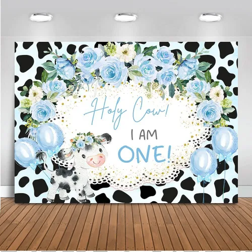 Mocsicka Fondo de vaca Holy Cow I'm One, decoración de fondo para fiesta de primer cumpleaños con temática de vaca floral, cartel para fiesta de