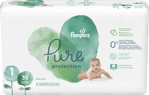 Pañales para recién nacido/talla 1 (8-14 libras), 35 unidades – Pampers Pure Protection desechables para bebé, protección hipoalergénica y sin