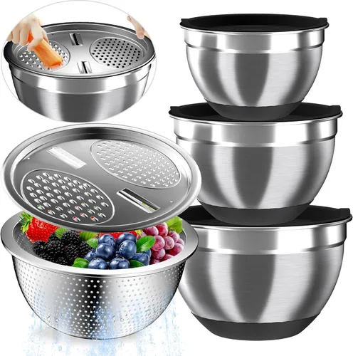 Nicdiet - Juego de cuencos de mezcla con tapas herméticas, juego de cuencos de mezcla de acero inoxidable con 3 cuencos anidados de metal, colador y