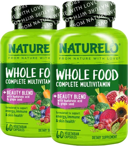 NATURELO Whole Food Multivitamínico con soporte adicional para el cabello, la piel y las uñas, mezcla de belleza con ácido hialurónico y semilla de