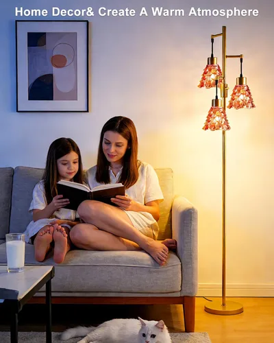 Miniatura 3 de Lámpara de pie moderna de cristal de 3 luces, lámpara alta de pie dorada con pantalla de vidrio de piña roja profunda, lámpara de pie LED regulable