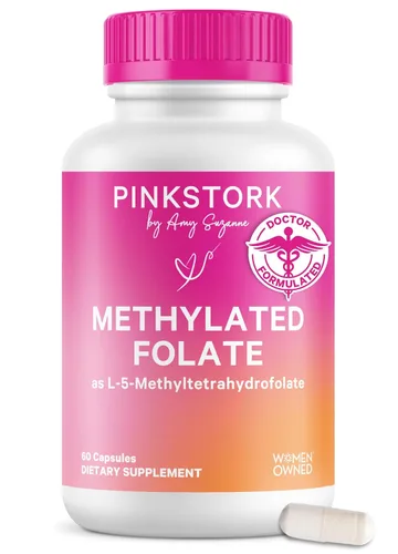 Pink Stork Folato: Folato de metilo - Ácido MTHFR, forma natural de ácido fólico para el embarazo, formulado para mamá + bebé, propiedad de mujeres,