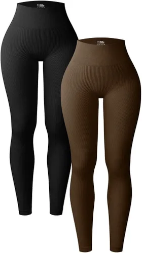 OQQ Leggings de yoga de 2 piezas para mujer, acanalados, sin costuras, pantalones deportivos de cintura alta