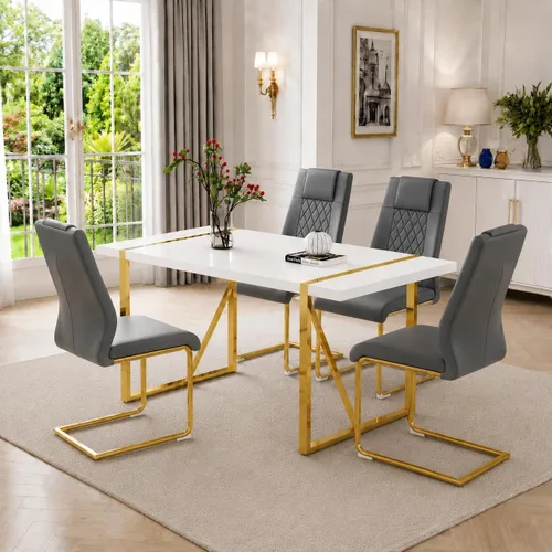 Miniatura 22 de Juego de mesa de comedor moderna de 55 pulgadas para 4, mesa de comedor negra y marco de metal dorado, mesa de comedor rectangular con 4 sillas