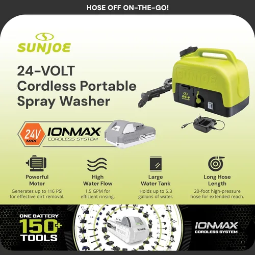 Miniatura 3 de Sun Joe IONMAX WA24C-LTE - Lavadora eléctrica inalámbrica a presión con batería de 2.0 Ah, cargador y boquilla ajustable, 1.5 GPM, motor de 90 W