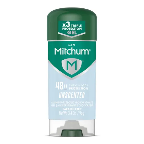 Gel antiperspirante y desodorante de protección triple contra olores Mitchum para hombres, sin perfume, protección de 48 horas, 3.4 fl oz