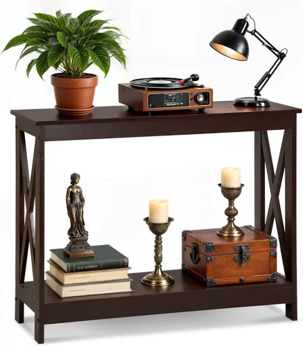 Miniatura 11 de SUPER DEAL Mesa consola de 39.5 pulgadas, mesa auxiliar estrecha de 2 niveles con estante de almacenamiento, mesa de entrada para pasillo, Negro