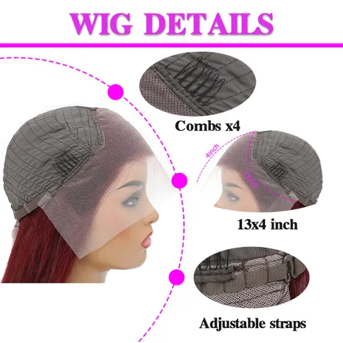 Miniatura 4 de ULRICA 99J - Pelucas de encaje frontal burdeos de 20 pulgadas, pelucas de cabello humano para mujeres negras 13x4, encaje HD burdeos, peluca de Rojo