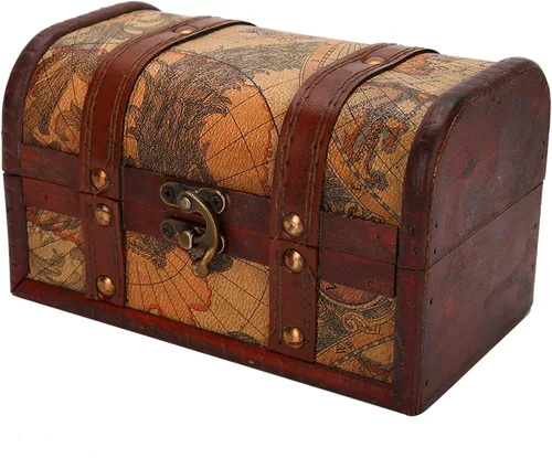 Caja decorativa de madera vintage, caja de joyería del tesoro pirata, hecha a mano, elegante, caja de almacenamiento de joyería de madera maciza
