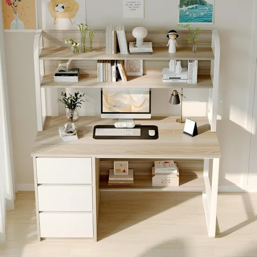 Miniatura 9 de MaverickFurni Escritorio de computadora con gabinete, escritorio pequeño de 47 pulgadas con 3 cajones para dormitorio, escritorio de estudio