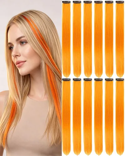 Miniatura 15 de 12 extensiones de cabello negro con clip, extensiones de cabello de color de 22 pulgadas, extensiones de cabello sintético largo y lacio para mujer