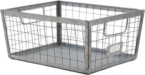 Miniatura 2 de Rae Dunn Cesta de almacenamiento de alambre, organizador de acero galvanizado y madera maciza, contenedor decorativo con dos asas y ranura