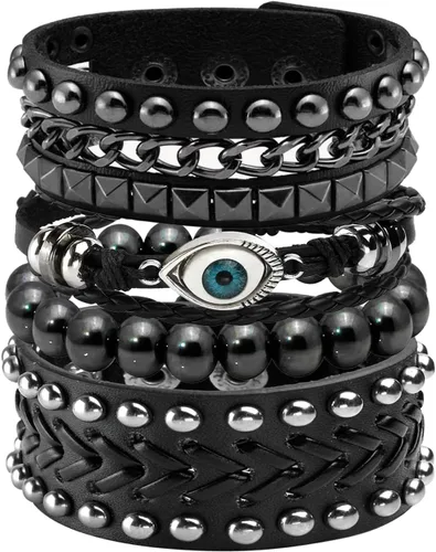 Miniatura 9 de Eigso Juego de pulsera punk de cuero negro para hombres y mujeres clásicas Vintgae tachonadas con picos de los años 80 para hombre y mujer