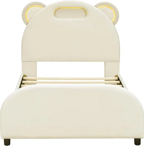 Miniatura 4 de Cama de plataforma tapizada de tamaño individual con cabecero en forma de oso y rayas de luz incrustadas, bonito marco de cama de plataforma