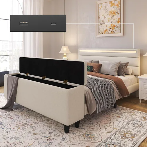 E-Motie Marco de cama tamaño matrimonial con cabecero, cama tapizada con plataforma y otomano con almacenamiento, luces LED y estación de carga,