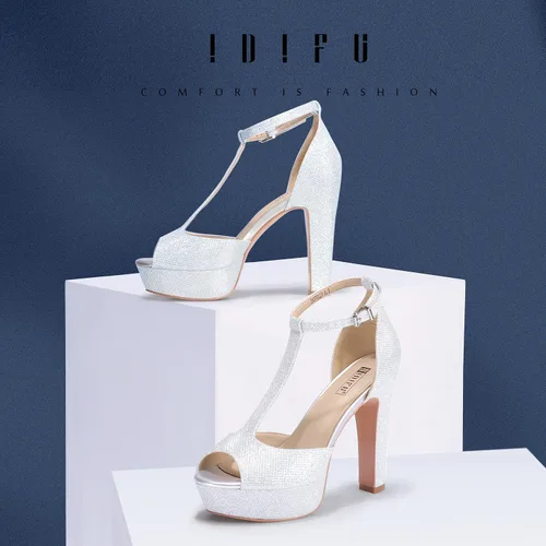 Miniatura 2 de IDIFU IN5 Polly - Sandalias de tacón alto grueso con correa en T para mujer, sandalias sexy con punta abierta, para boda, fiesta, graduación