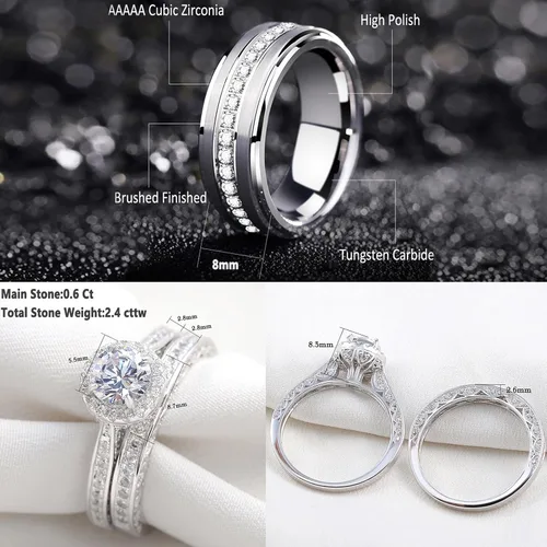 Miniatura 5 de Newshe Jewellery Juego de anillos de boda para él y para ella, bandas de tungsteno AAAAA, circonita redonda, 3 quilates, plata de ley 925