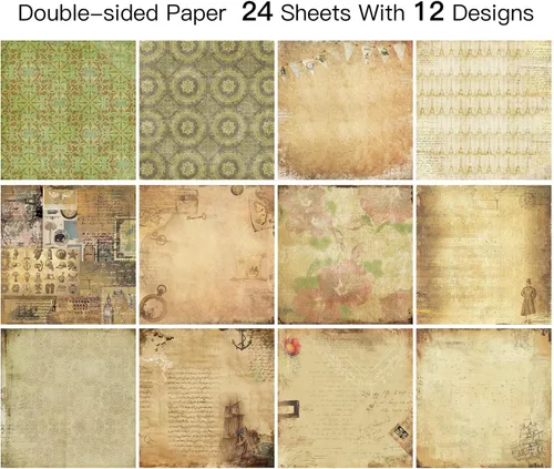 Papel Vintage para Álbum de Recortes con Patrones Estéticos 12×12, Bloc de 24 Hojas de Doble Cara, Papeles Antiguos para Decoupage y Journaling para