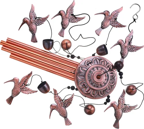 Miniatura 4 de Campanillas de viento de colibrí para jardín, decoración al aire libre, con 4 tubos, 6 campanas, 7 colibríes, captador de viento romántico