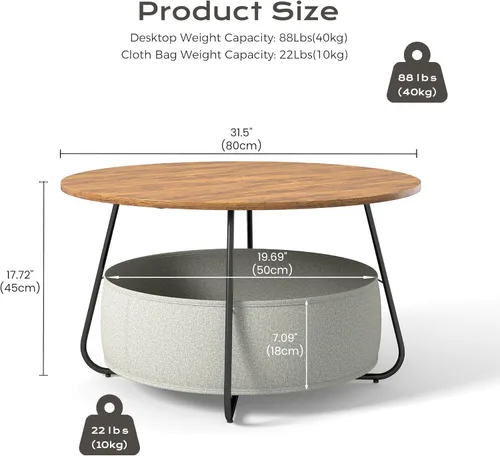 Miniatura 2 de Manora Mesa auxiliar redonda pequeña para sala de estar, mesa central moderna con almacenamiento de cesta de tela, bonita mesa circular