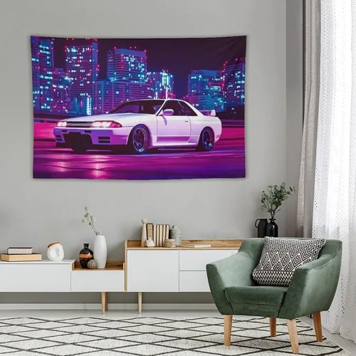 Miniatura 4 de PailailaiNest Arte de pared Jdm Car White R32 Neon City Night Scene Estética Tapiz colgante de pared para dormitorio, decoración de pared del hogar