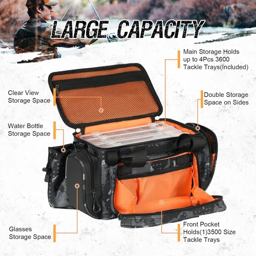 Miniatura 2 de X Strike Bolsa de pesca - Almacenamiento impermeable con 4 cajas de aparejos 3600, bolsa de hombro de agua salada y agua dulce para camping, caza
