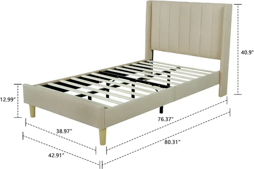 Miniatura 2 de Upholstered Bed Frame with Wingback Headboard and Wood Slats (Beige-Linen, Twin)
