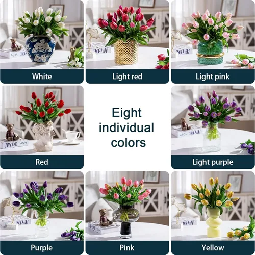 Miniatura 7 de Bailikang 20 piezas de tulipanes artificiales, flores de seda de tulipanes falsos, ramo artificial de PU, flores artificiales de imitación con caja