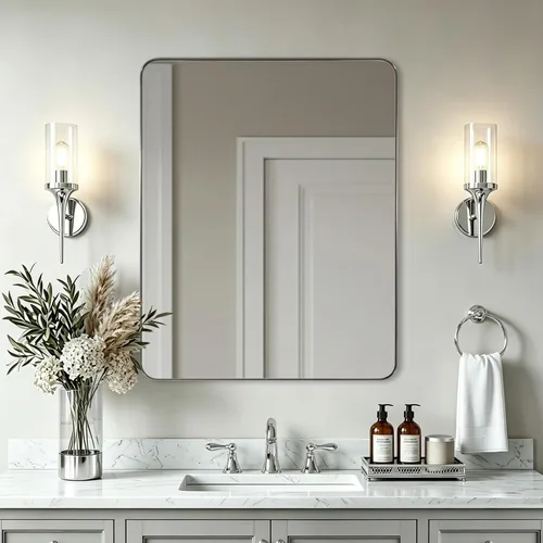 ANDY STAR Espejo cromado para baño, espejo de pared con marco de metal de 22 x 30 pulgadas, espejo rectangular de acero inoxidable con esquina