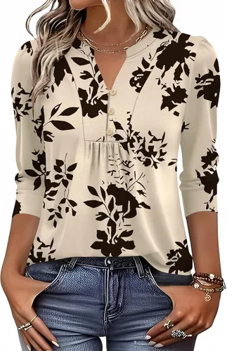 Miniatura 2 de IECCP Blusas de verano de manga 3/4 para mujer, estilo casual, cuello Henley, cuello en V, plisadas, ajuste holgado, blusas de trabajo