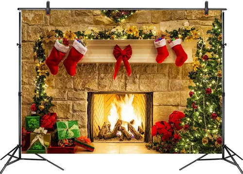 Miniatura 2 de LB Telones de fondo de chimenea de Navidad para fotografía de 5 x 3 pies, calcetines de árbol de Navidad, regalos de Año Nuevo, para niños